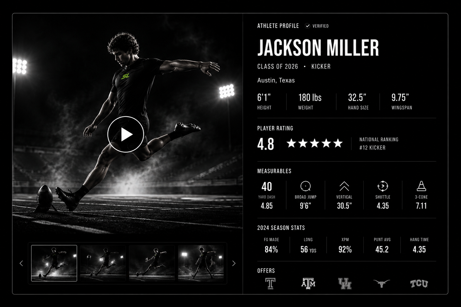 Specialist athlete recruiting profile portrait