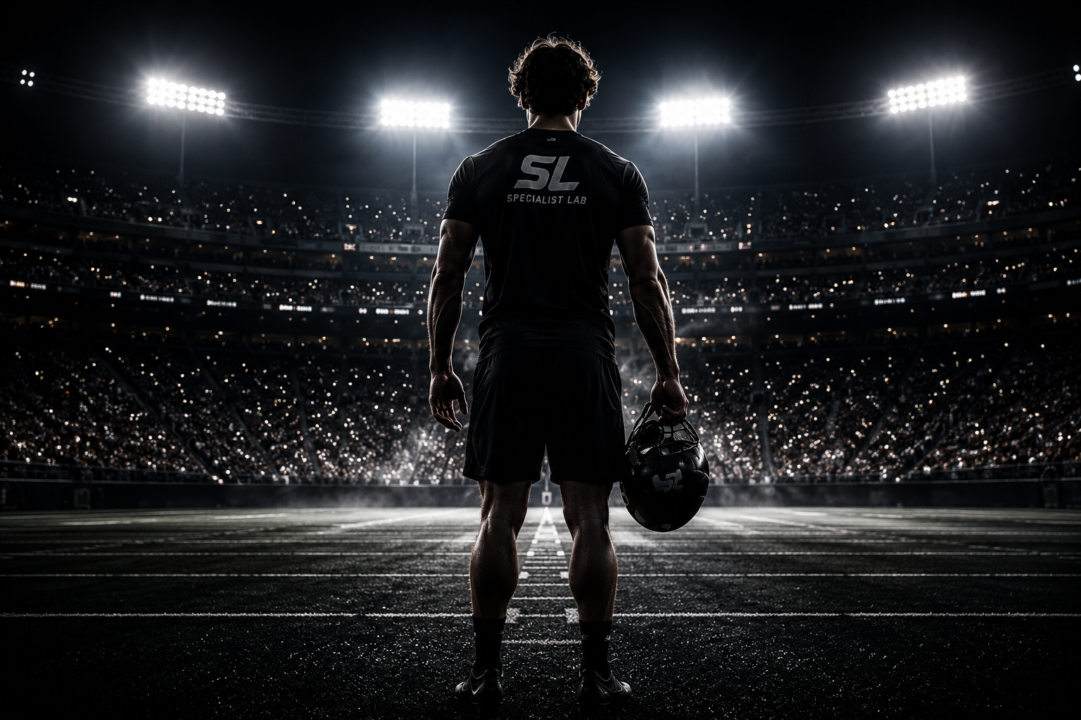 Specialist athlete in a packed stadium under the lights