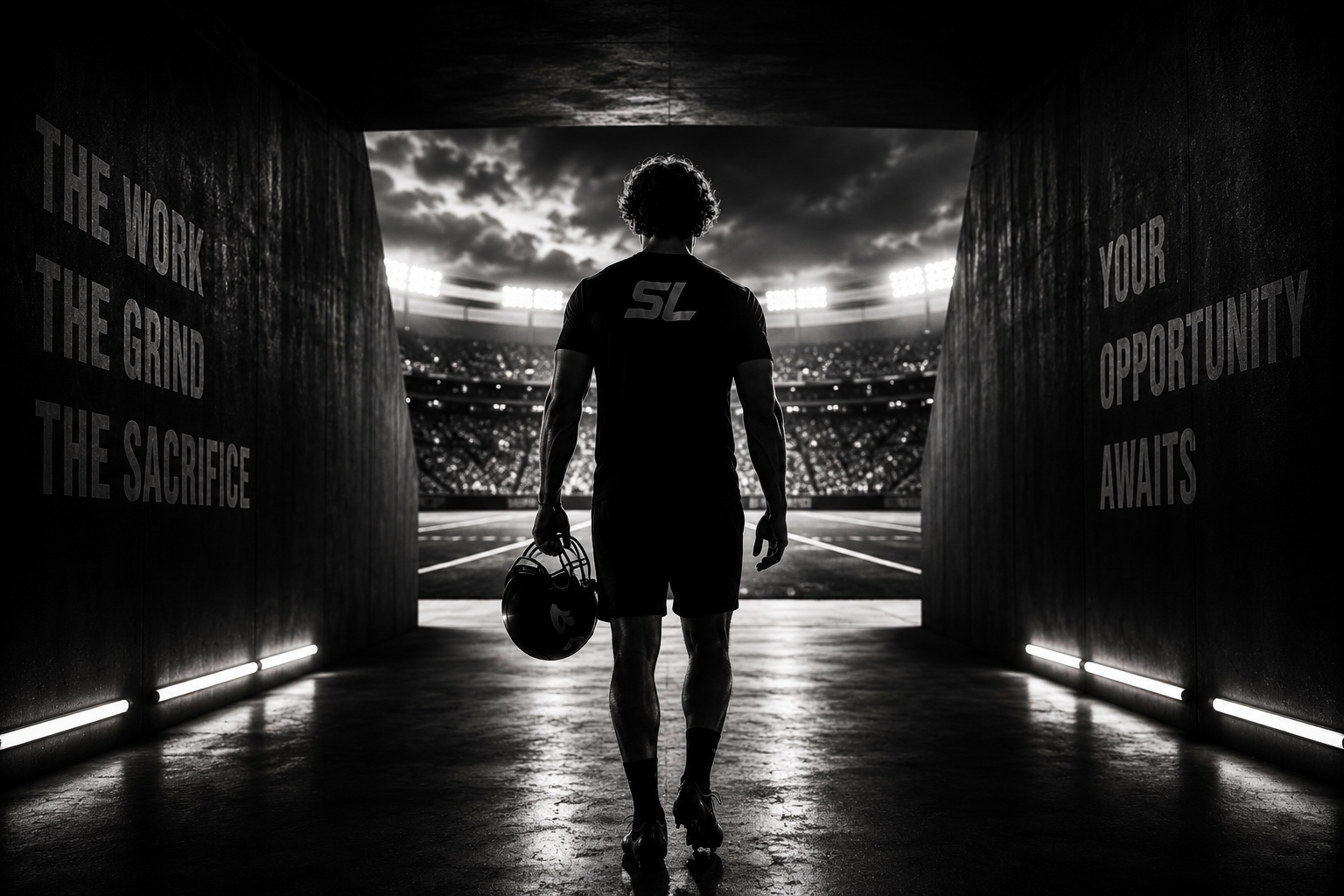 Athlete standing alone in a massive lit stadium