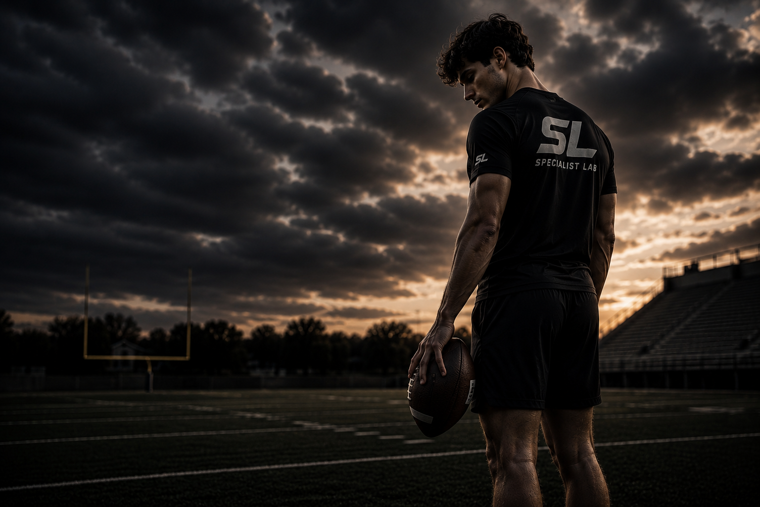 Specialist athlete facing the field at sunset