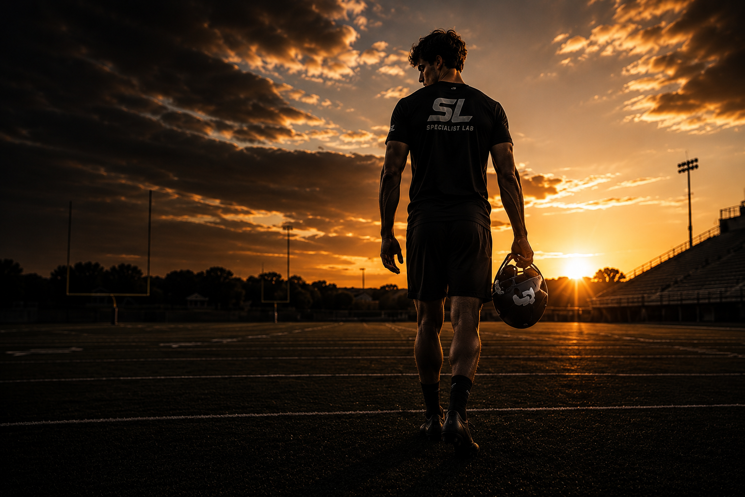 Specialist athlete walking into the sunset on the field