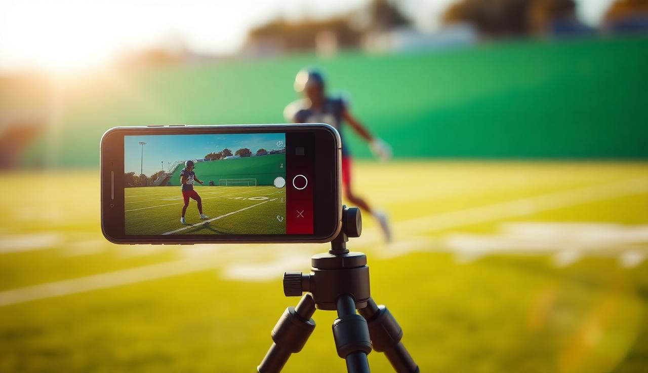 Phone on tripod filming a punter on a football field