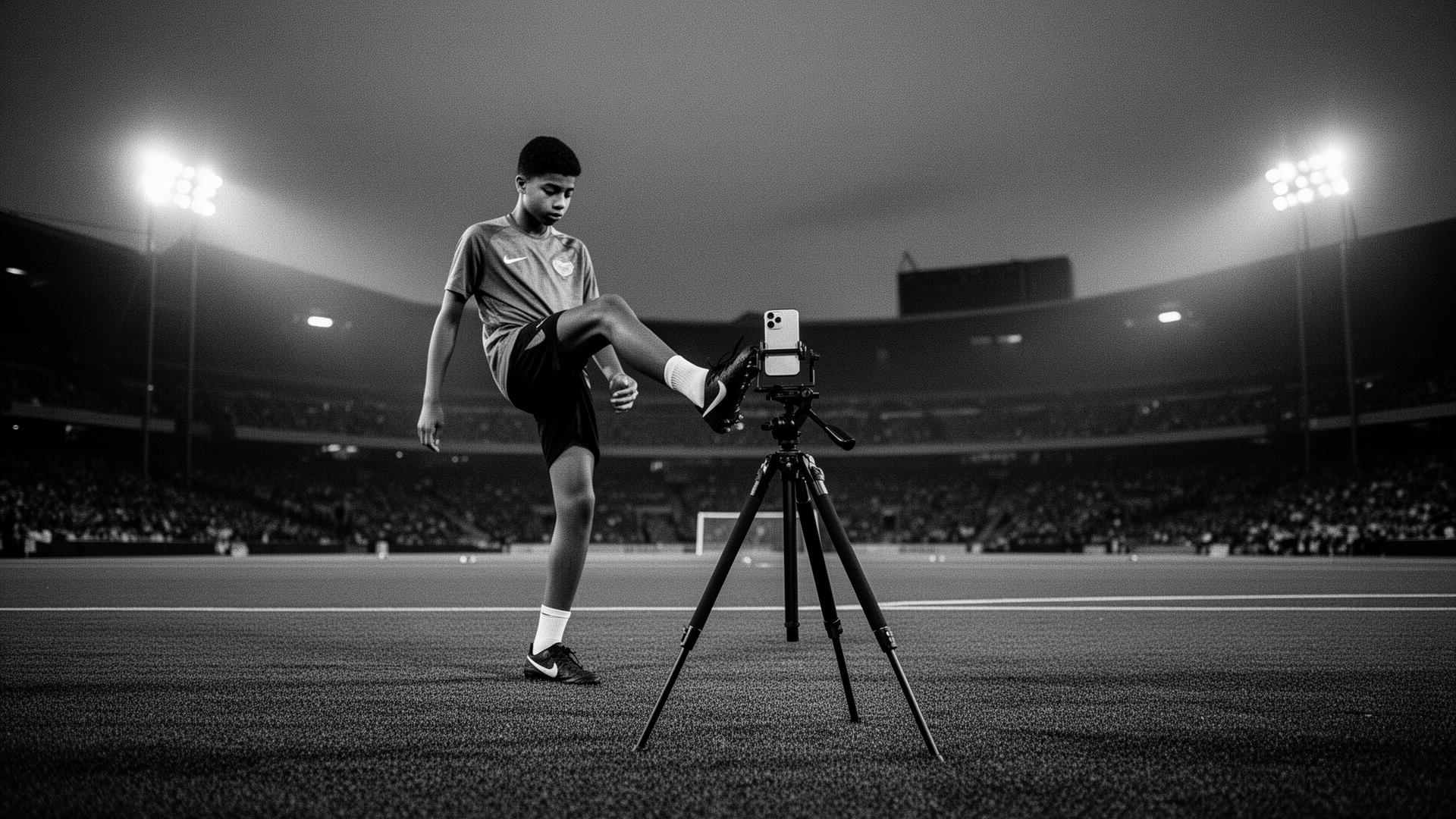 Athlete filming a kicking session under stadium lights