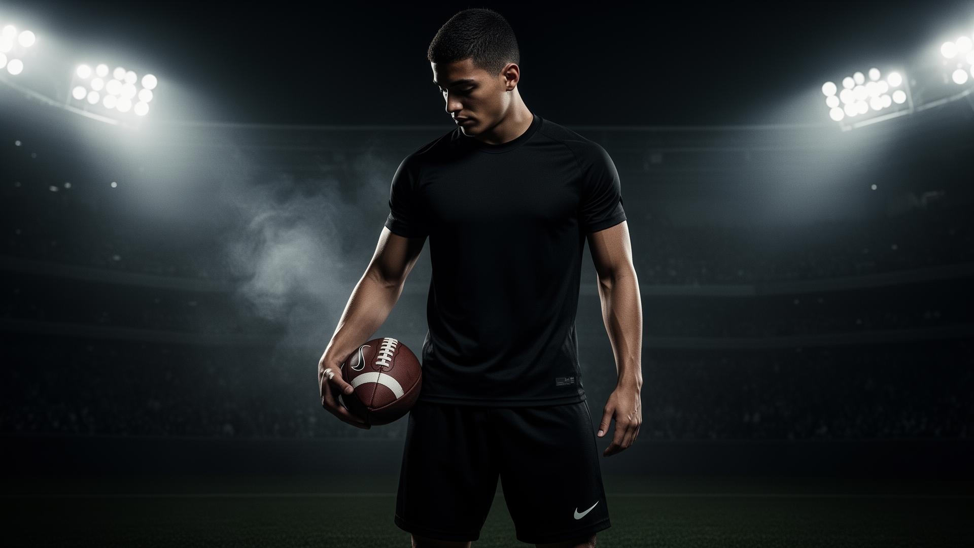 Specialist athlete holding a football under stadium lights